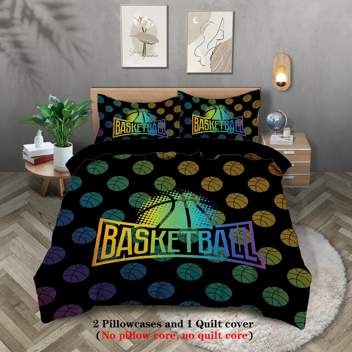 

3-piece set, colorful basketball pattern printed duvet set, queen, king, double bed, party funny and creative bedding set