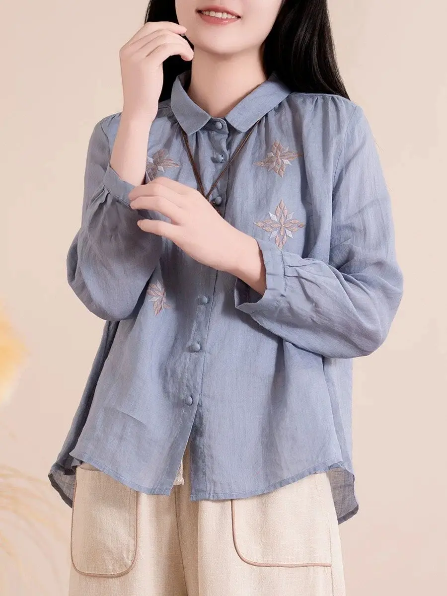Nowa kolekcja wiosna-lato 2025: bawełniana i lniana koszula z haftem, literacki styl, kołnierzyk, długi rękaw, uniwersalna, luźna bluzka.