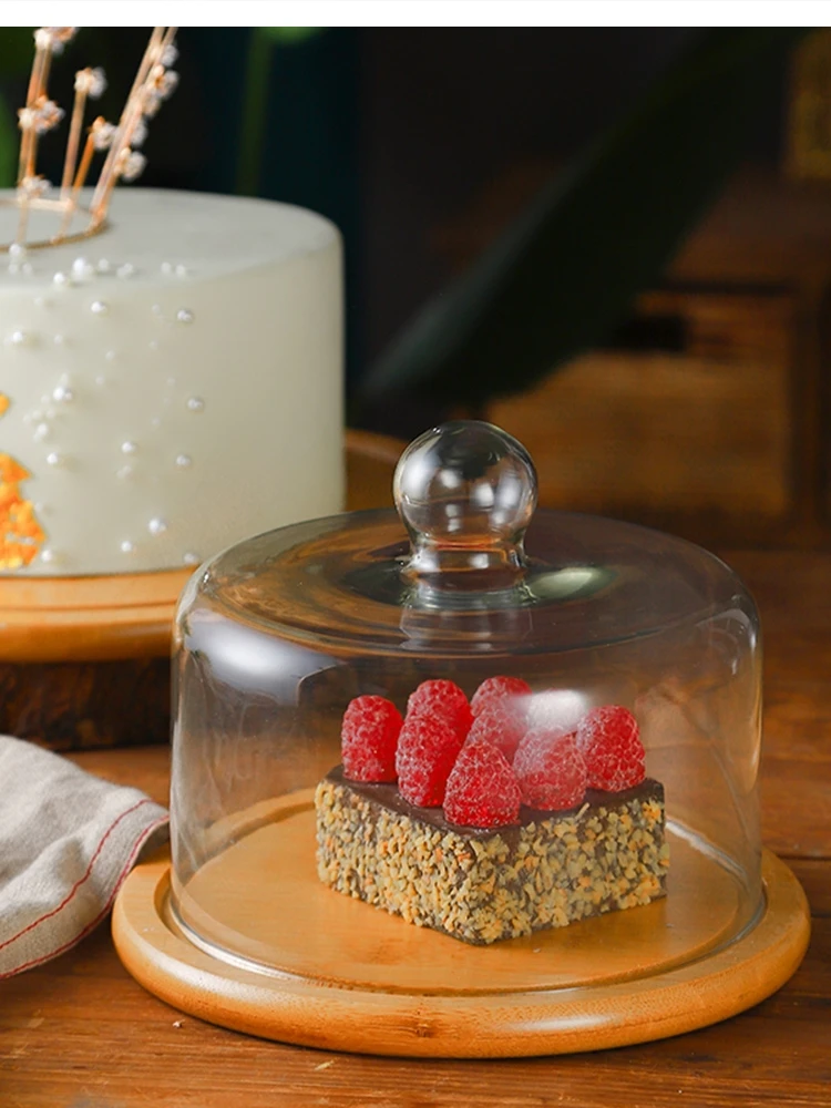 

Бытовая тарелка для торта, хлеба, десерта, стеклянная крышка, гостиная, фруктовая закуска, небольшой деревянный поднос с прозрачной крышкой, CN (походження)