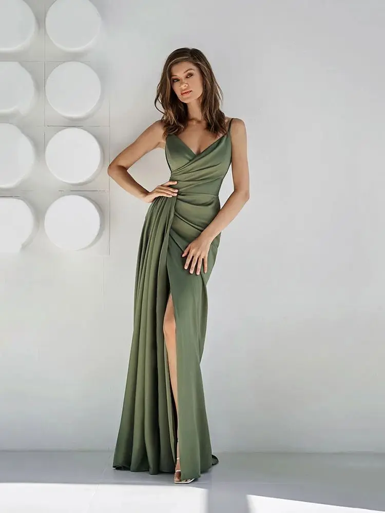 

Olive Green Satin Evening Dresses High Side Slit Spaghetti Strap V-neck Mermaid Prom Gowns Party Vestidos De Fiesta Ruched 2023