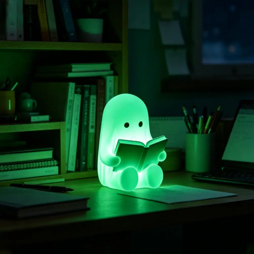 Ghost Reading Book Figurine, 3D Printed Cute Mini Sitting Ghost Statue for Halloween Bookshelf, Desk, Indoor Home Decor