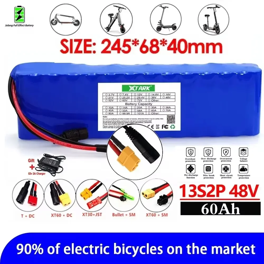 

E-bike Battery 48v 60Ah 18650 Lithium Ion Battery Pack 13S2P Bike Conversion Kit Bafang 1000w and 54.6V 2A Charger + XT60 Plug