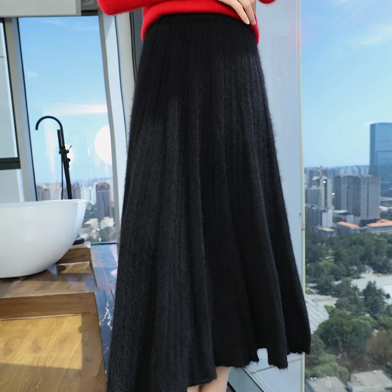 Autumn Winter Knitted Skirt Ladies Pure Cashmere Skirt Women's High Waisted Elastic Pleated Skirt A-Line Skirt Slim Long Skirt