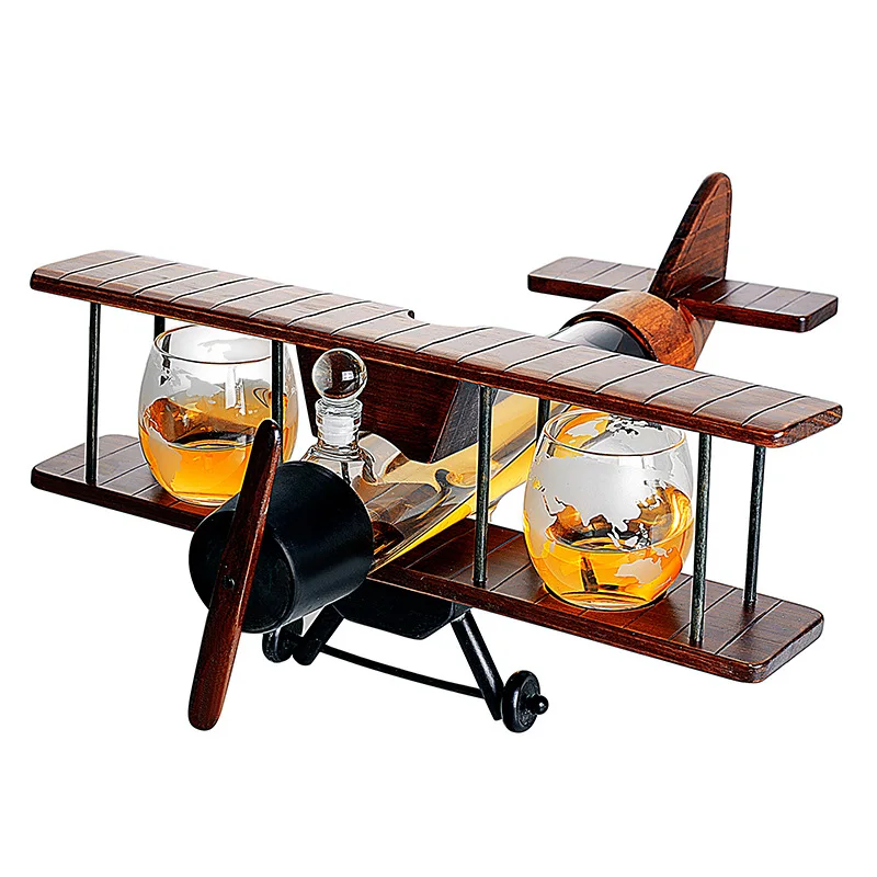 

New Design Hotselling Airplane shaped glass bottle with 2 globe cups Whiskey Decanter for Liquor Bourbon Vodka Rum Tequila