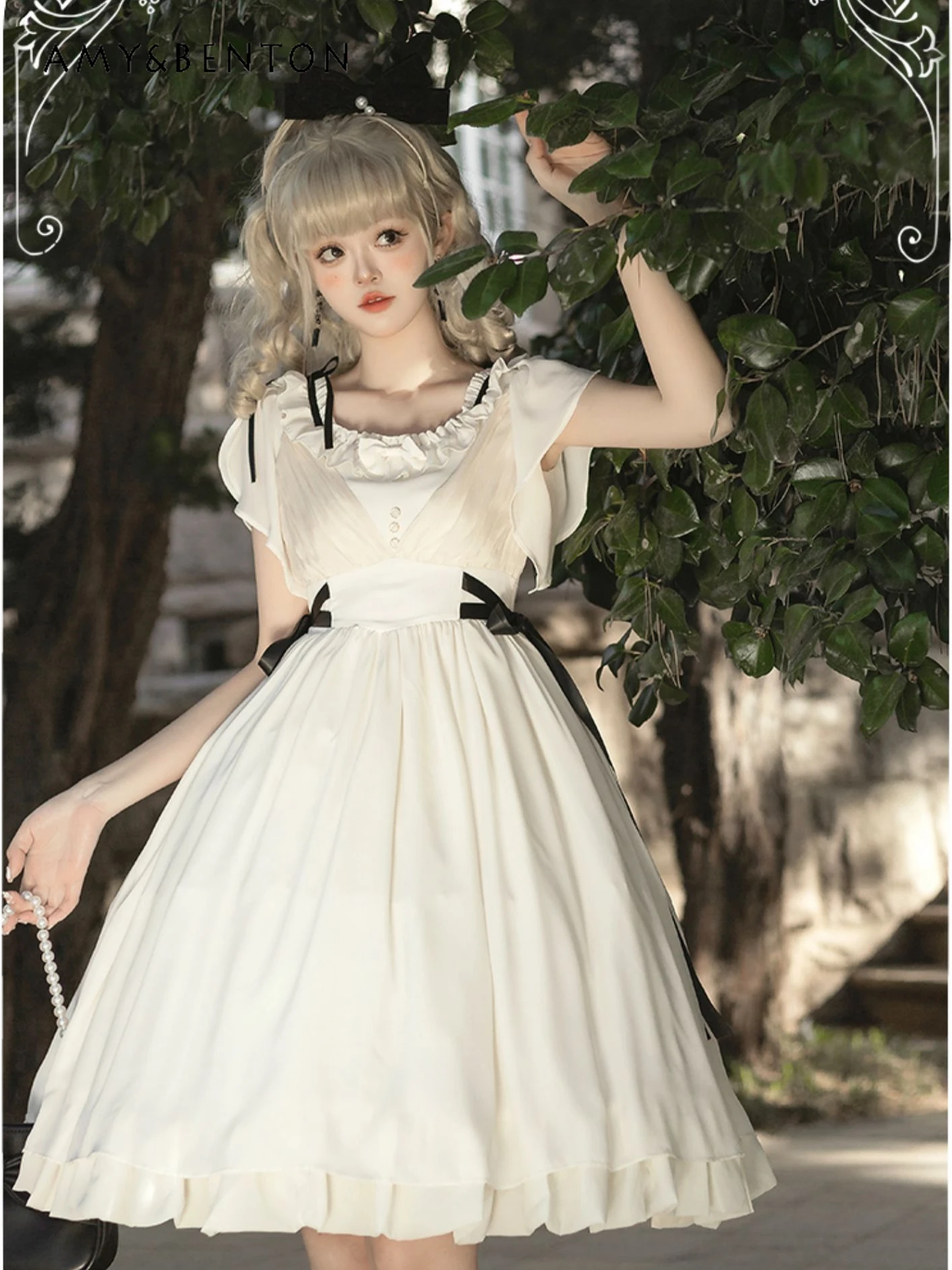 

French Temperament Princess Dresses Summer New Daily Lolita Elegant Slim Mid-Length Dress Sweet Bow Short Sleeve Ball Gown Dress