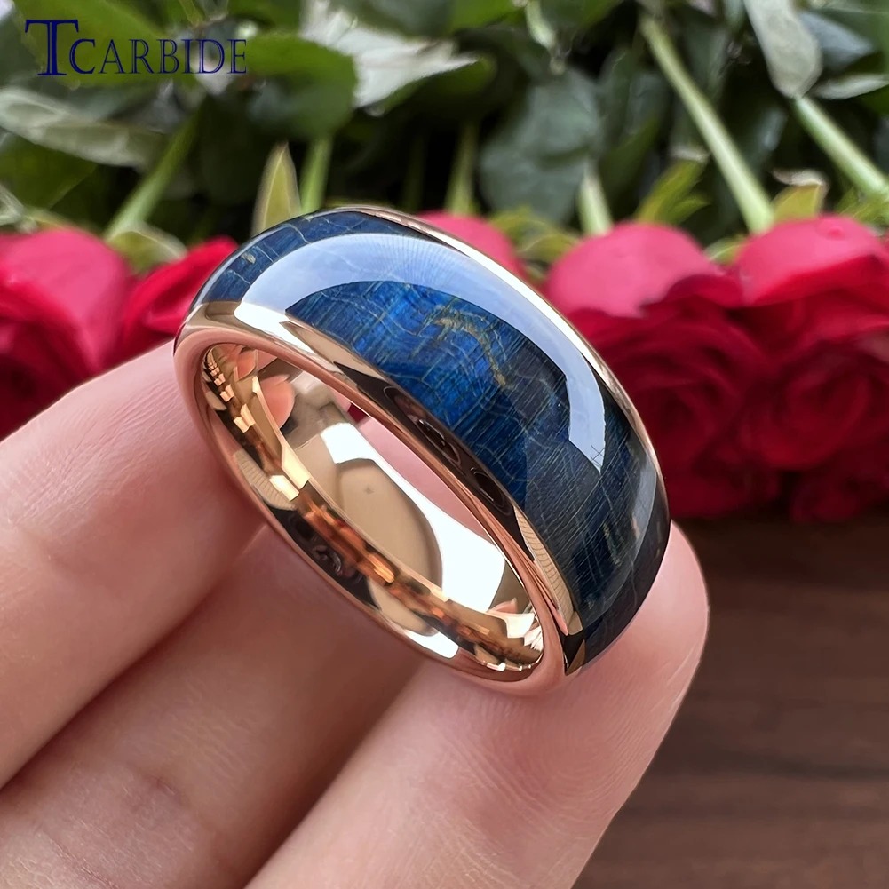 Very Nice 8MM Blue Dyed Elder Wooden Rings Tungsten Jewelry Accessories For Womens Mens  Domed Polished  Comfort Fit