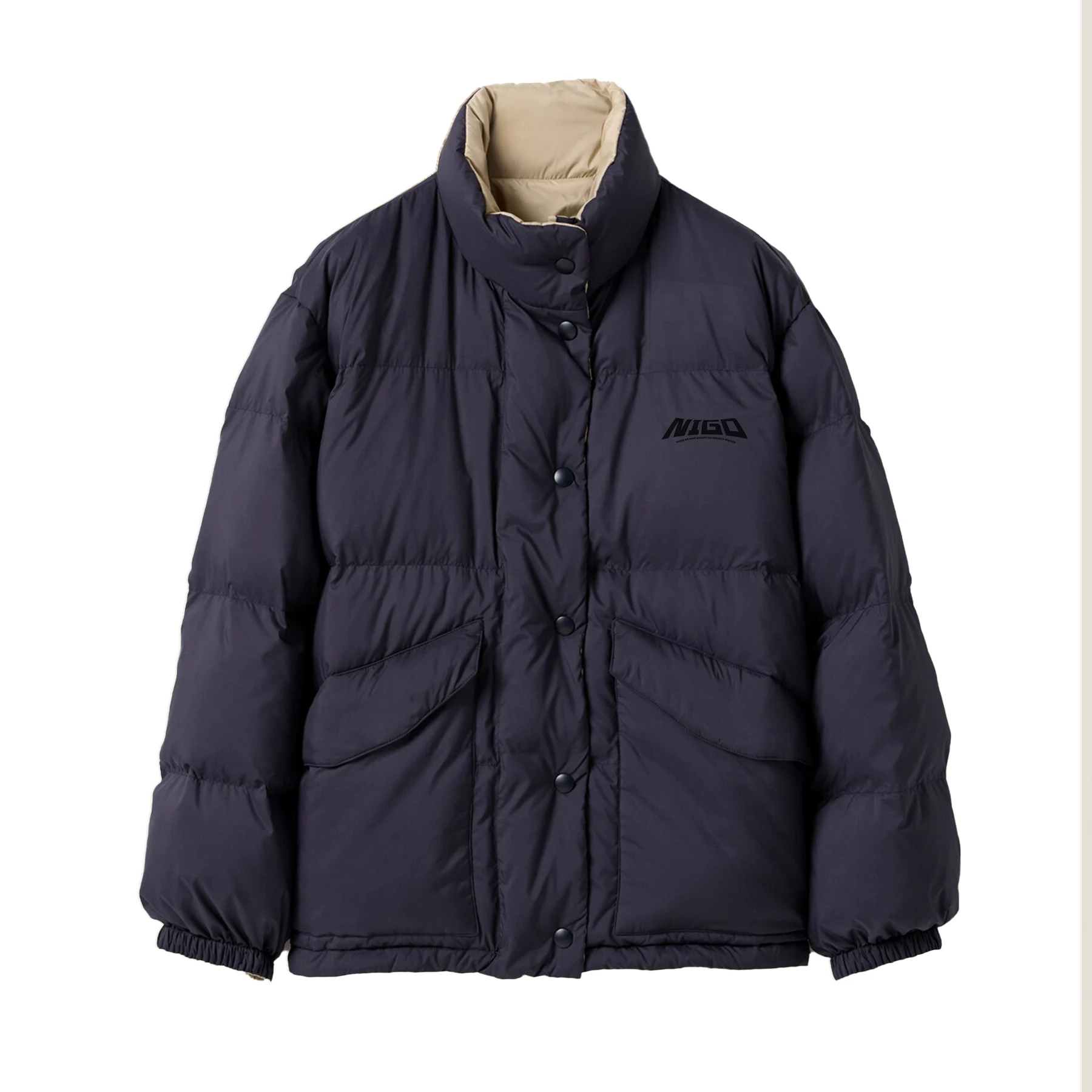 

NIGO Men's Nylon Padded Printed Logo Jacket Button Zip Style Winter Warm Loose Fit Outerwear Fashion Casual Coat #NIGO9335Z