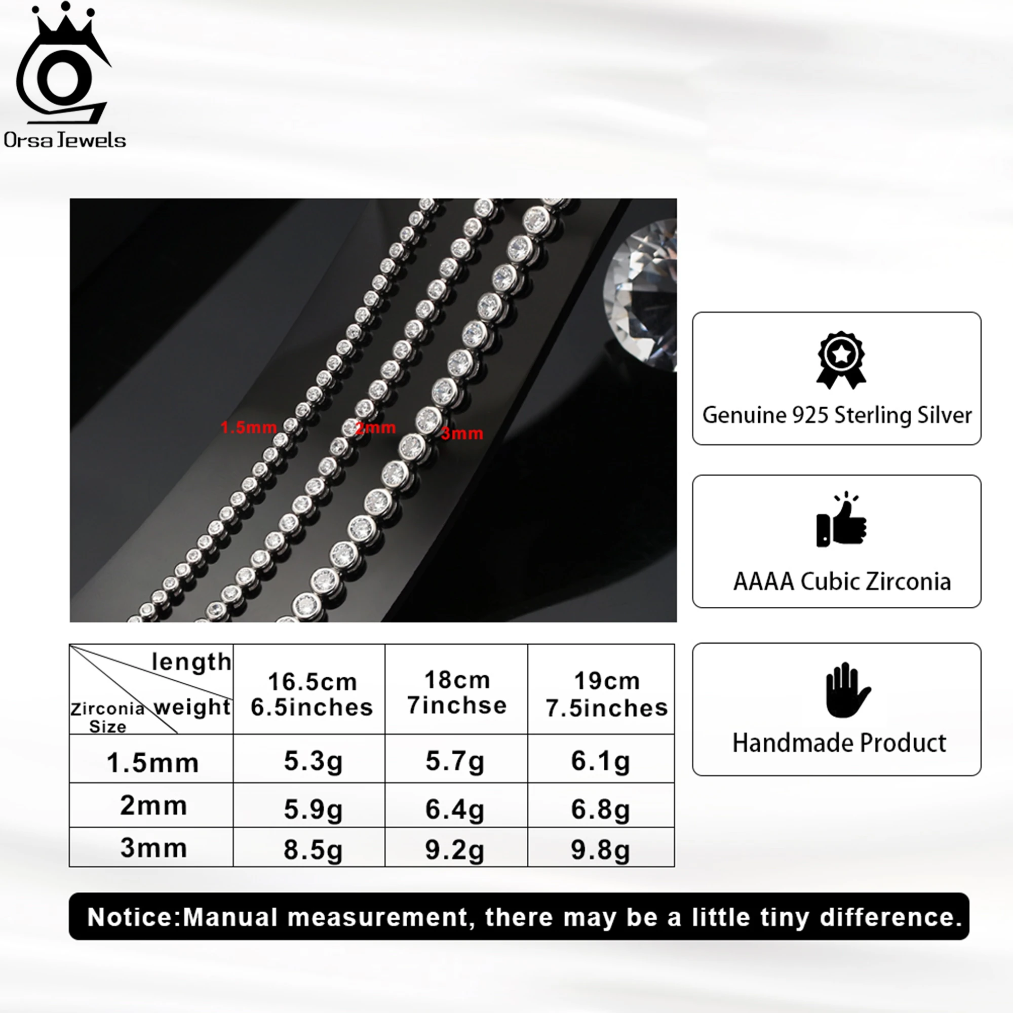 ORSA JEWELS Exquisite 925 Sterling Silver Tennis Bracelet with Radiant Round-Cut Zirconia, Sparkling and Timeless Jewelry SB143