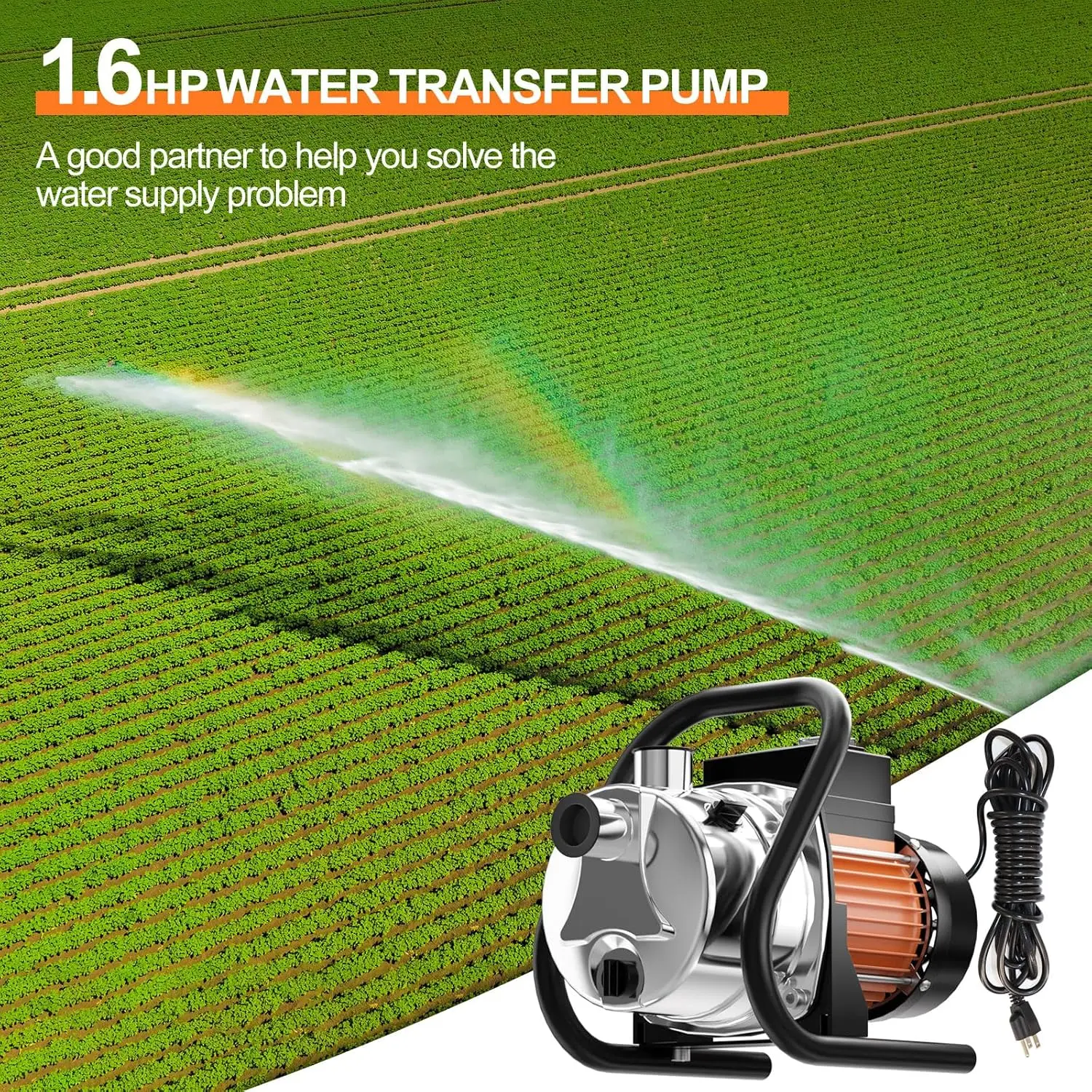 1.6 HP Portable Water Transfer Pump 1600 GPH Shallow Well Pump Garden Booster Sprinkler Pumps Irrigation Lawn Farm Water Removal