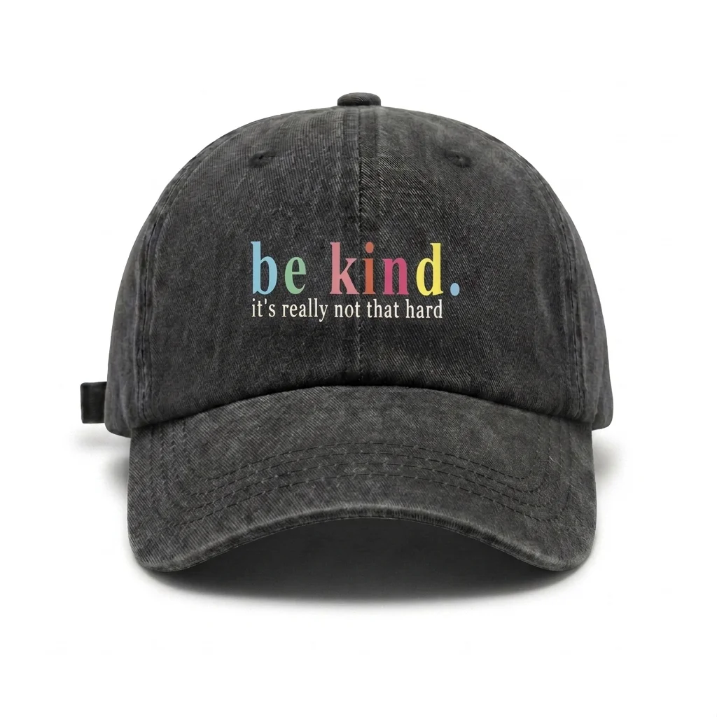 Vintage Washed Be Kind Positive Quote Print Baseball Cap, Adjustable Unisex Dad Hat with Metal Buckle, Inspirational Gift