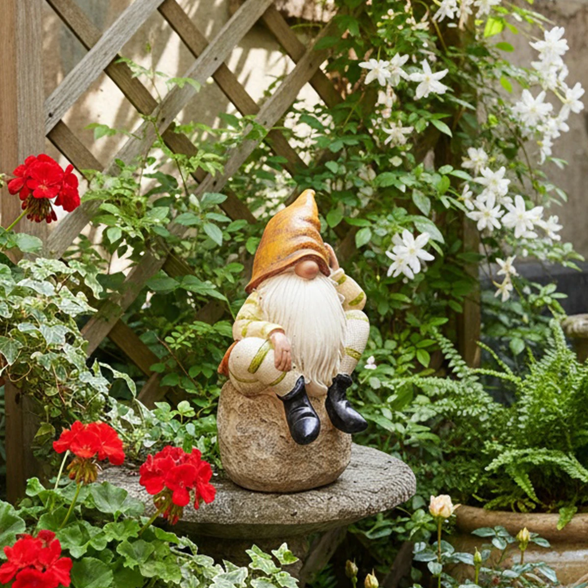 1 unidad, un adorno decorativo enano con una mano que se proponen la cara y sentado con patas cruzadas en una piedra, decoración de jardín