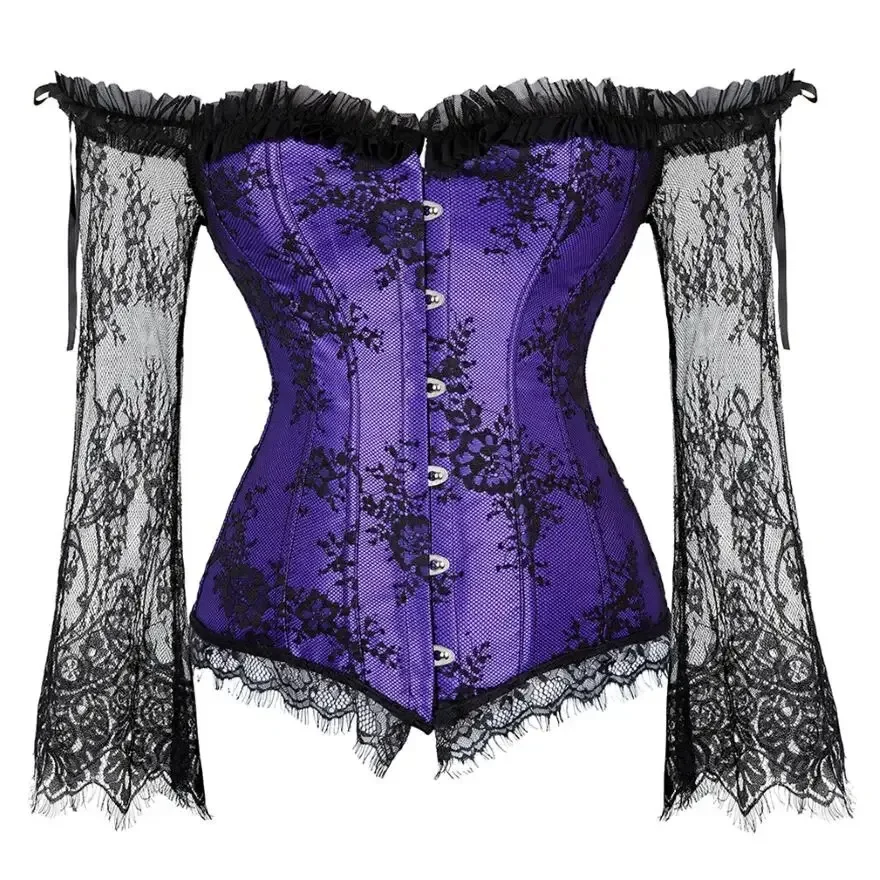 

Steampunk Corset Lace Long Sleeves Overbust Bustier Gothic Vintage Victorian Women Corselet Top Corselet
