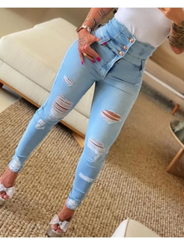 

High Waist Jeans Women Blue Denim Pants Single-breasted Skinny Streetwear Y2k Clothes Hole Trouser Leggings Pencil Pants New