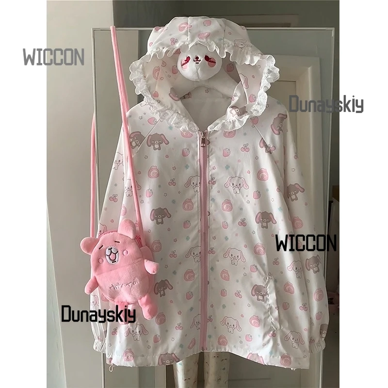 Jirai Kei Y2K kawaii نمط مائي الدب الياباني مقنعين ملابس واقية من الشمس الصيف طويلة الأكمام رقيقة ملابس واقية من الشمس