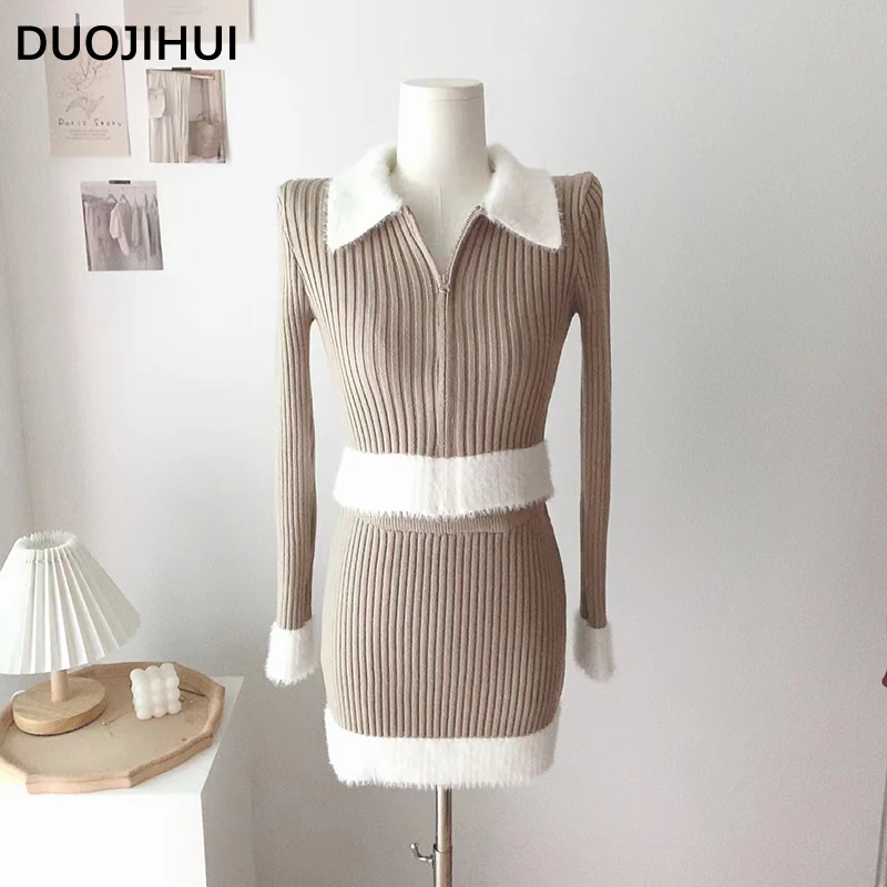 Duojihui Klassiek Tweedelig Casual Gestreepte Damesrokken Met Chique Rits Vest Eenvoudig Contrastkleur Slanke Damesrokken Met Hoge Taille