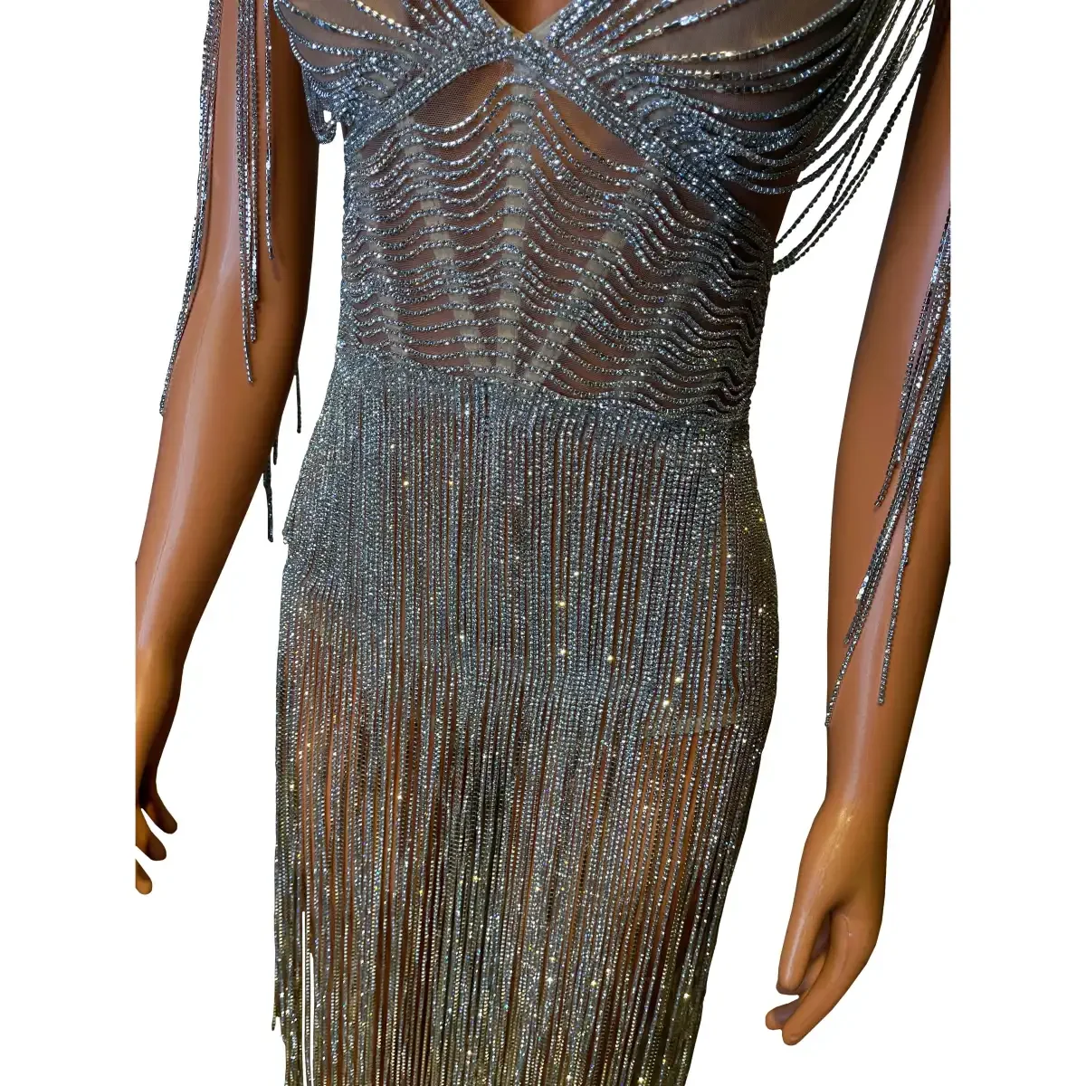 Sexy Diamond Tassel V-neck Skirt Nightclub DJ Bar Female Singer Dance Team Stage Performance Clothing Party Theme Show Costume