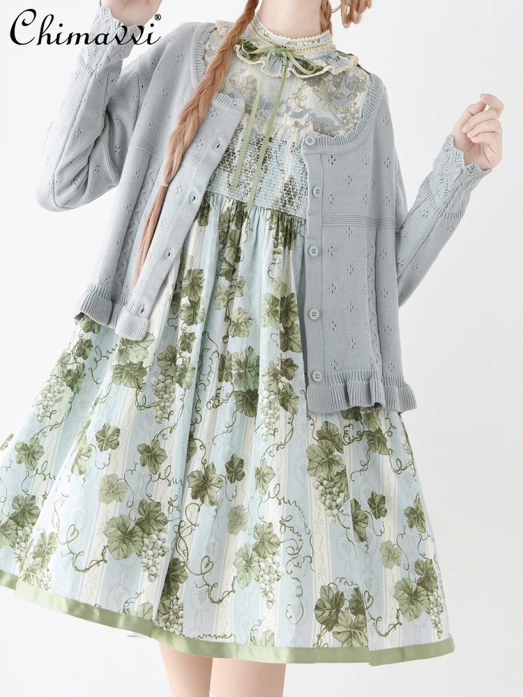 موضة الجولة الرقبة لوليتا سترة قصيرة 2025 الخريف ملابس جديدة الحلو فتاة طويلة الأكمام الرجعية لطيف محبوك سترة للنساء