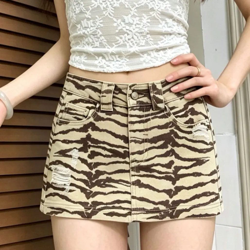 Summer New High Waist Spice Girl A-word Hip Skirt American Retro Leopard Print Ripped Denim Short Skirt Women