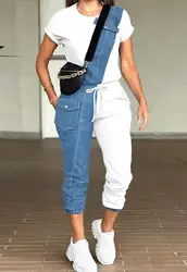 Top donna Set di due pezzi di nuovi prodotti consigliati: Set di pantaloni con tasca superiore e coulisse stampati in stile Denim Color Blocking