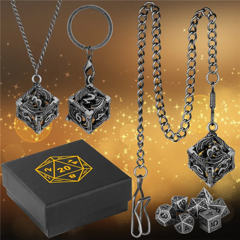 خمر الجوف D6 حالة مع 7 قطعة/المجموعة البسيطة المعادن متعدد السطوح النرد حلقة رئيسية قلادة سلسلة بدلاية لعب الأدوار منضدية الألعاب #6
