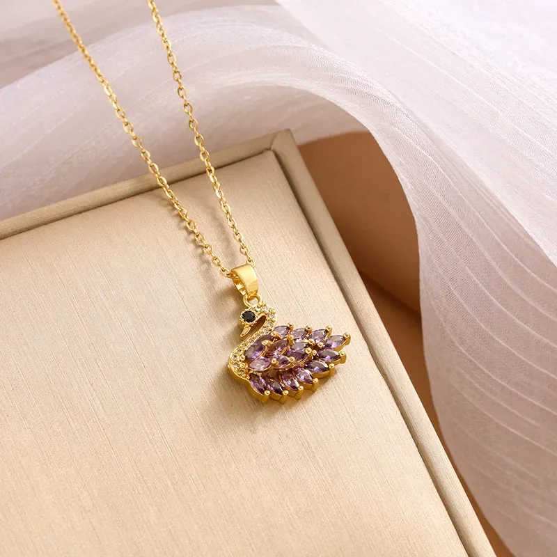 قلادة على شكل بجعة الزركون من التيتانيوم الصلب للنساء، سلسلة ترقوة متعددة الاستخدامات، سلسلة من الفولاذ التيتانيوم