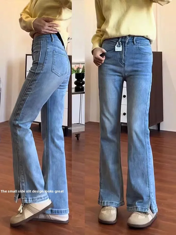 

Голубые свободные расклешенные джинсы, женские повседневные длинные брюки больших размеров с высокой талией, износостойкие синие джинсовые повседневные брюки