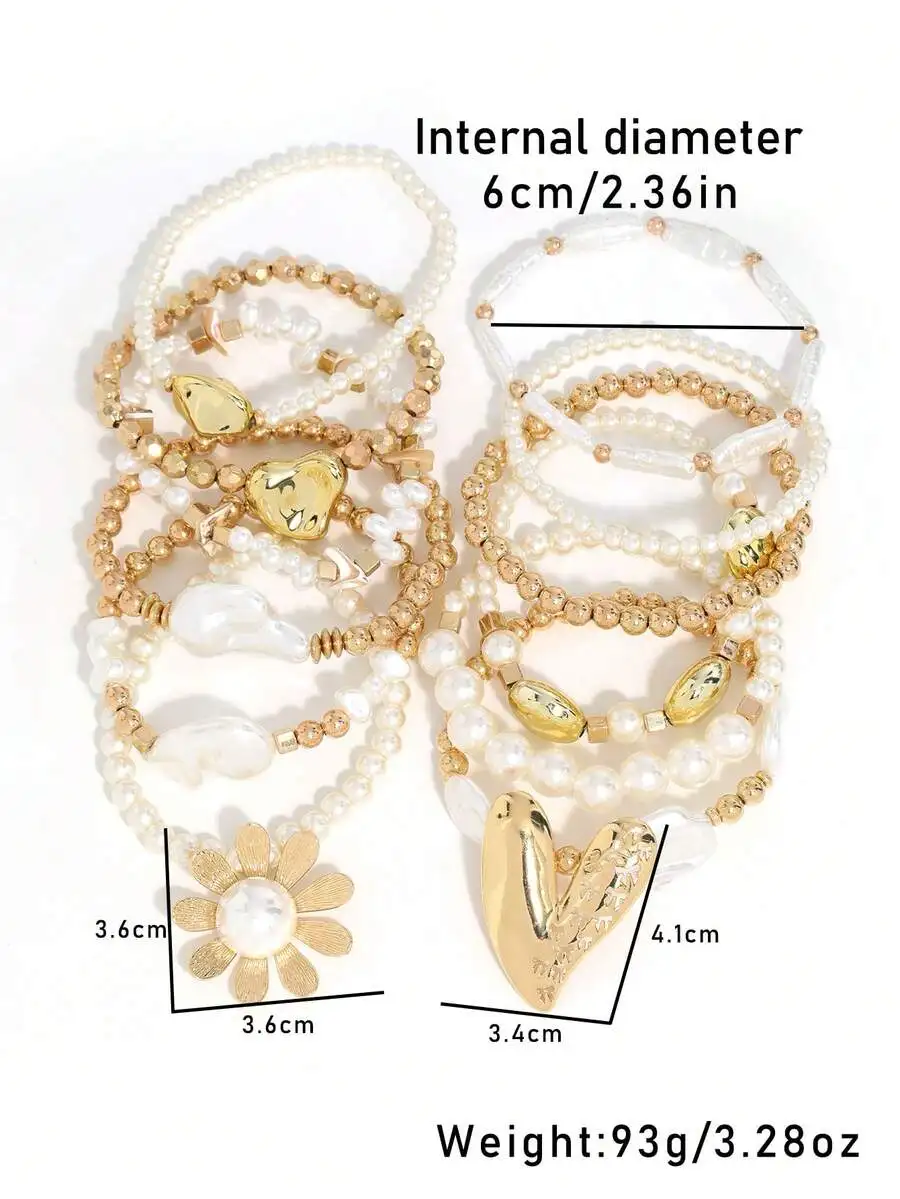 

12pcs Baroque Pearl Beaded Floral Heart Accent Fashion Bracelet Set For Women