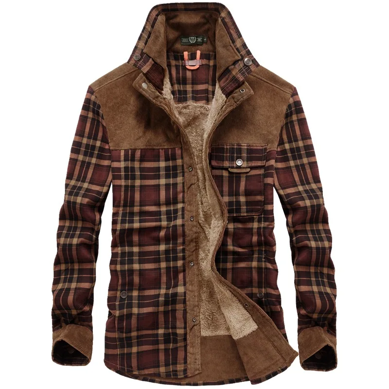 Fleece Lined Plaid Long Sleeve Shirt Men's Cotton Warm Casual Top