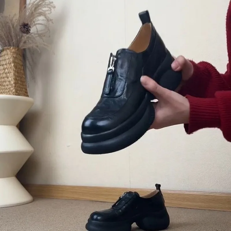 

2025 Spring/Autumn New Thick Bottom Sponge Cake Bottom Le Fu Shoes Round Head Retro Small Leather Shoes Versatile Single Shoes