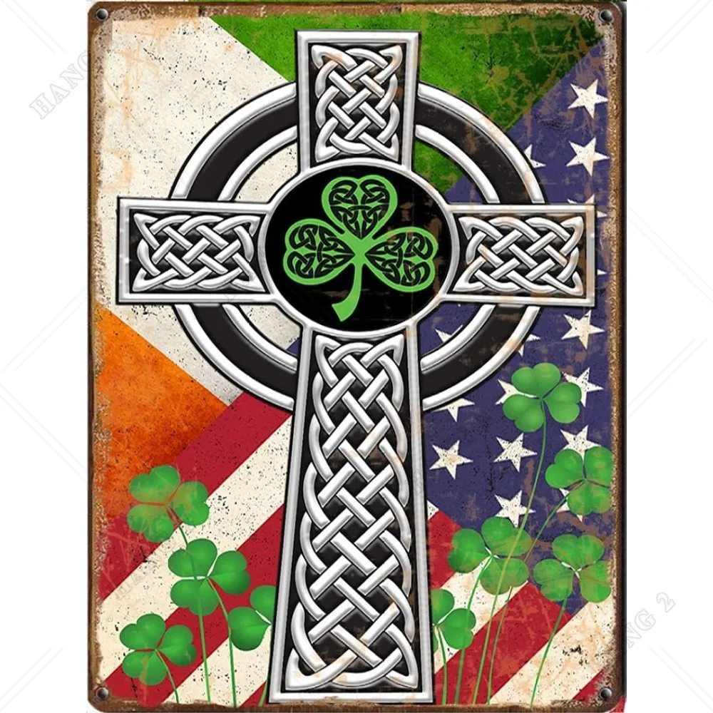 Irish Celtic Knot Cross Poster Happy St Patrick's Day Metal Tin Sign, Retro Style Wall Art Decoration Tin Sign for Garage Pub