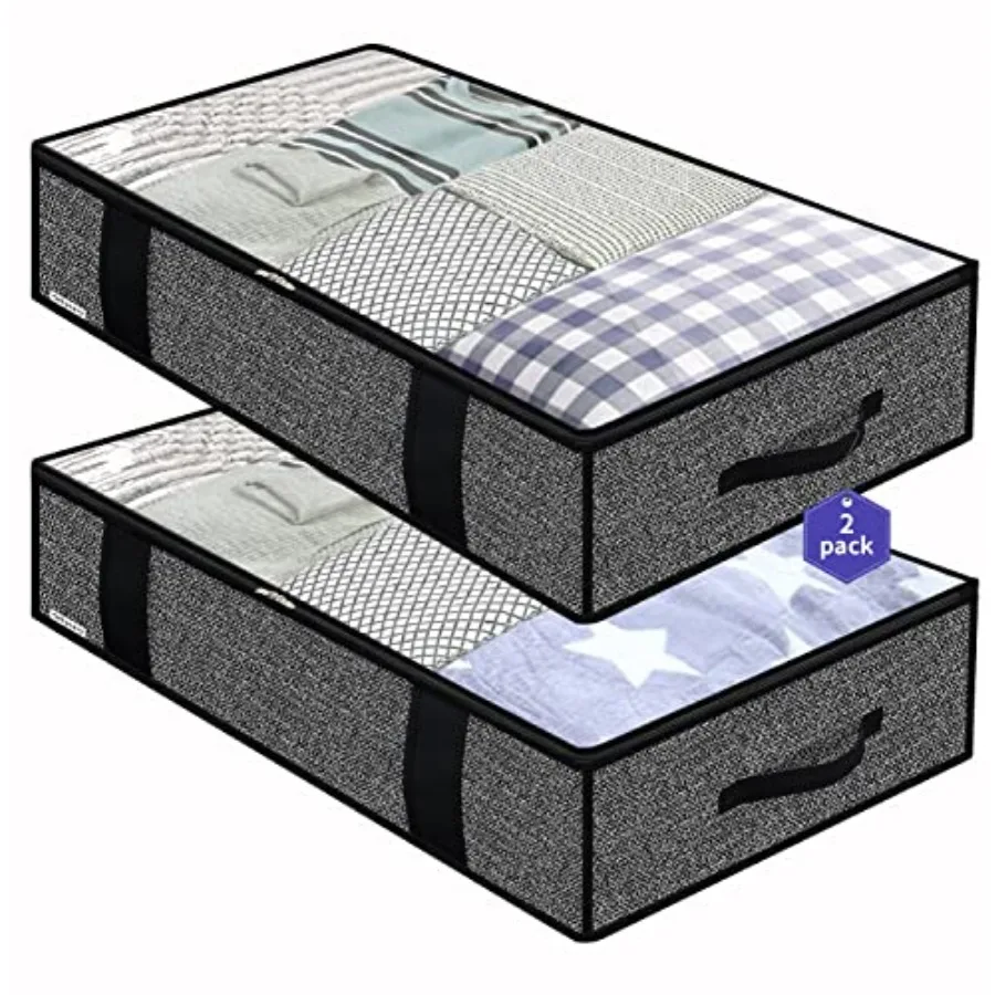 

Foldable Underbed Bags - 2 Pack Blankets Clothes Comforters Storage Bag Breathable Zippered Organizer for Bedroom with Clear Wi