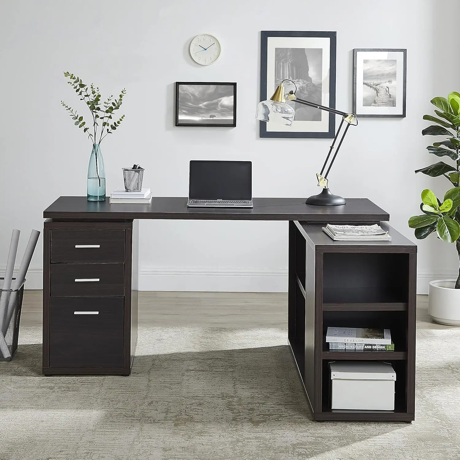 Naomi Home Ariel Executive L-vormig bureau met lades - Groot modern hoekcomputerbureau met opbergladen, planken, archief