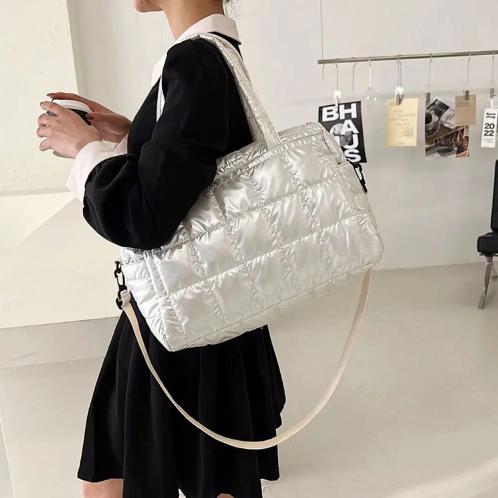 

Korean Style Bright Space Cotton Tote Bag Shoulder Bag Plaid Cloud Crossbody Bag Lightweight Down Nylon Handbag Autumn Winter