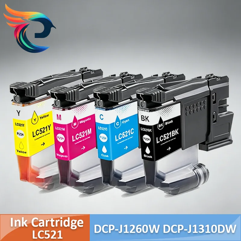 LC521 LC-521 Compatible Ink Cartridge 4 Pack High Yield Chip No Clog Ink Replacement for Brother DCP-J1260W DCP-J1310DW DCP-J131