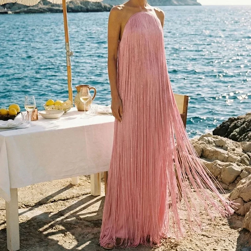 

French Style Strapless Tassel Evening Dress Trendy Off Shoulder Sleeveless Banquet Dress Luxury Pure Color Hollow Out Maxi Dress