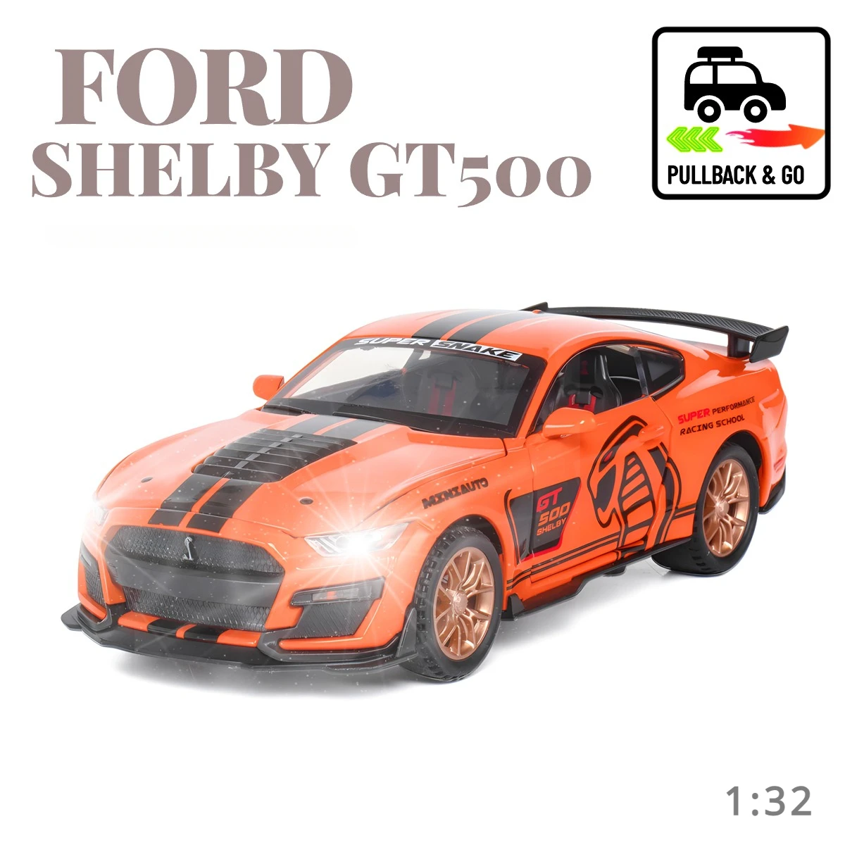 

1:32 Ford Mustang Shelby GT500 Alloy Sports Car Model Diecast Metal Car Model Simulation Sound and Light Collection Kid Toy Gift