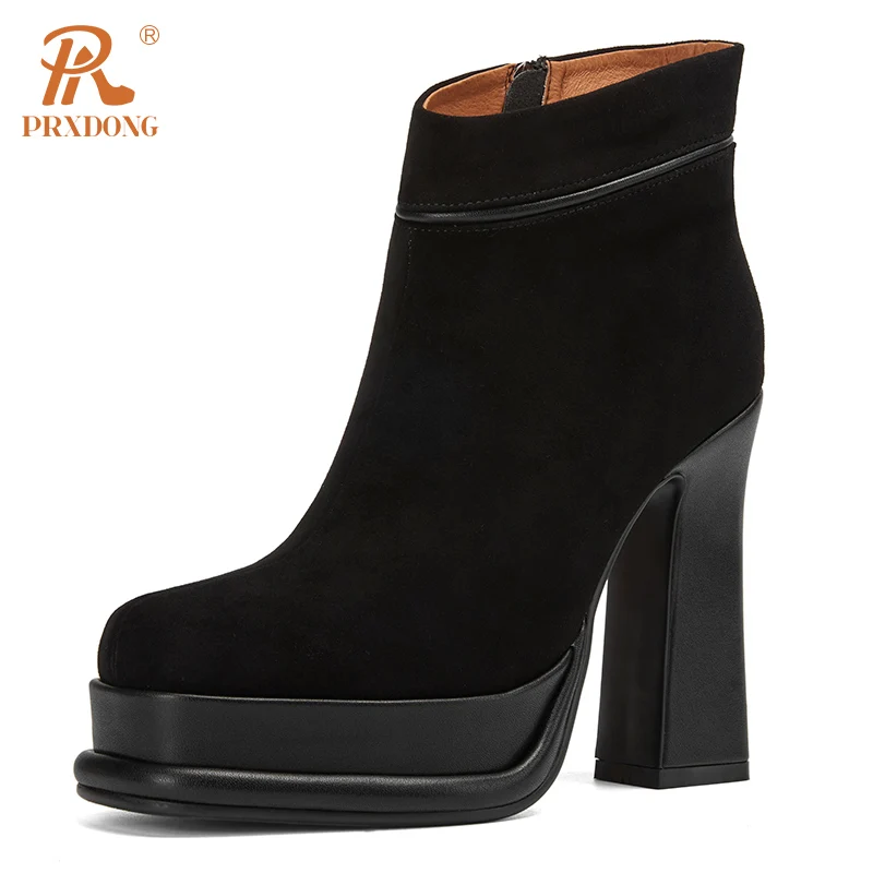 PRXDONG New Brand Genuine Leather Autumn Winter Shoes Woman Ankle Boots High Heels Platform Black Brown Retro Dress Party Size 8