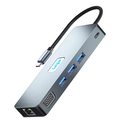 11 in 1 Adapter Type-C USB Hub Alloy Case HDMI 4K PD 87W 3 USB 3.2 RJ45 1000M DP Audio TF SD Multi-port Extender Dock for Laptop