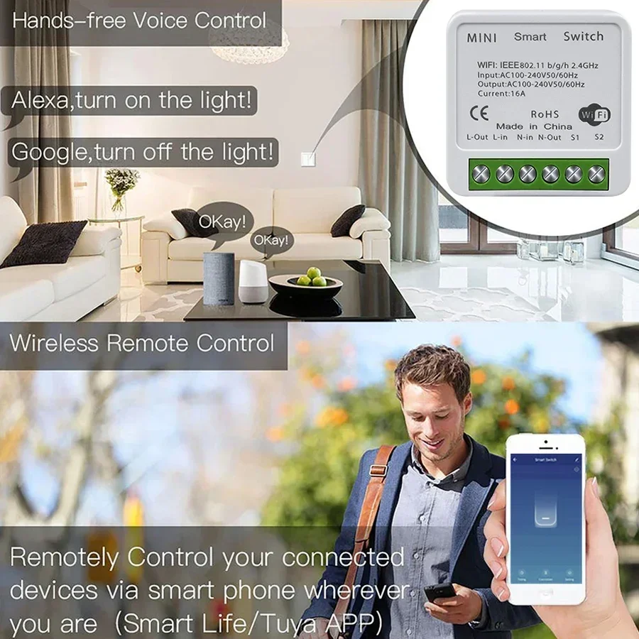 Tuya Smart WiFi Switch 2-way Control RF433Mhz Module Relay Breaker 16A 20A Smart Life APP Control Support Alexa Google Assistant