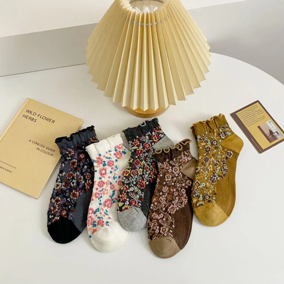 5 Pair Frilly Ruffle Socks Women Harajuku Floral Print Japanese Fashion Lolita Style Girls Short Soks For Girl Pack Calcetines