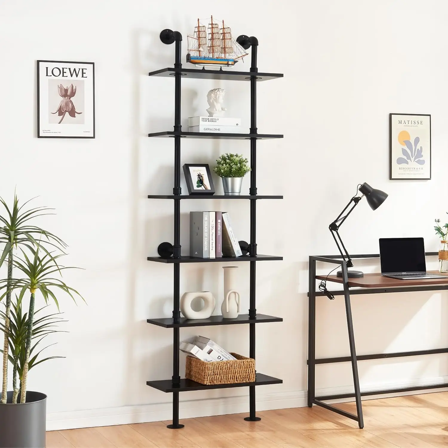 HOMBAZAAR Industrial Bookshelf, 6-Tier Industrial Pipe Bookshelf, Wall Mounted Ladder Shelf with Metal Frame for Home Office