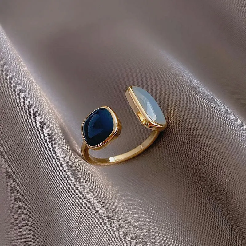 French New Vintage Square Blue Oil Dripping Rings for Women Fashion Temperament Simple Opening Adjustable Ring Women's Jewelry