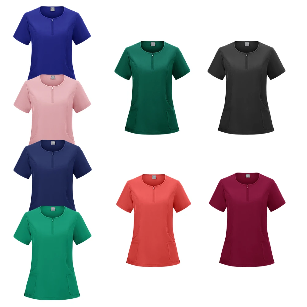 Womens Four Pockets in Scrub Top Lightweight Durable Round Neck Top Slim Skinny Cargo Scrub Top for Women