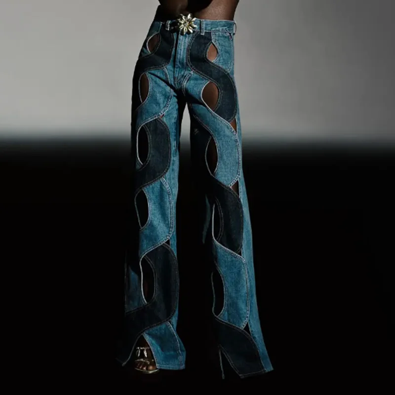 

2024 Fashion Women's Jeans High Waist Cross Contrast Color Hollow Out Metal Button Straight Denim Pants Summer