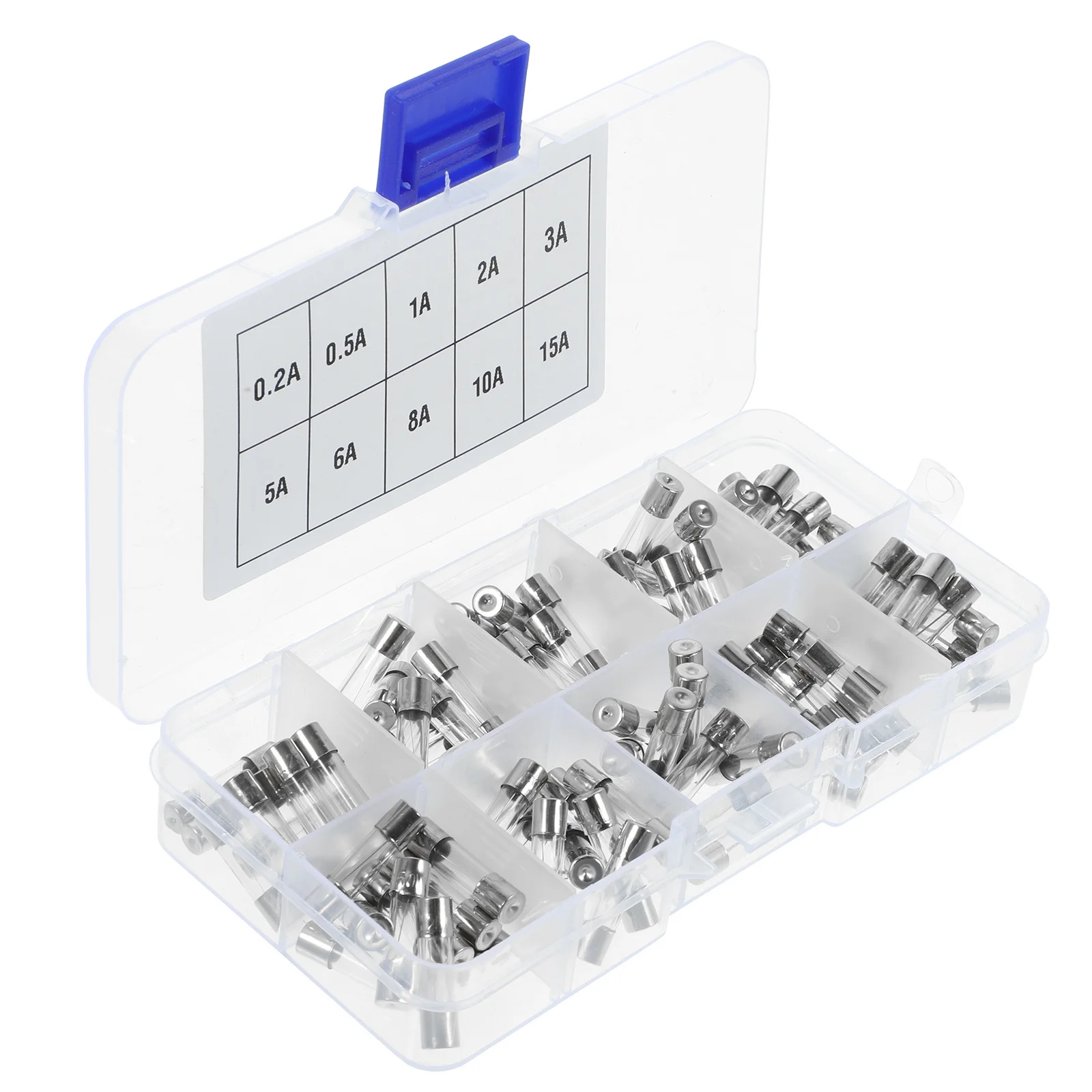 

100pcs Assorted Fuse Kit 20Mm 0.2A-15A Glass Tube Fuses Clear Case For Household Auto Electronics Instruments Car Horns