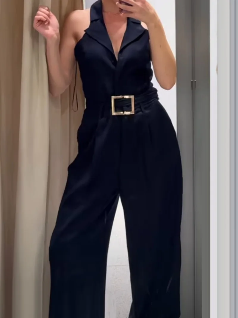 

Модный элегантный женский комбинезон, однотонные комбинезоны с подвесным воротником для женщин, комбинезон с открытой спиной, стильная женская одежда