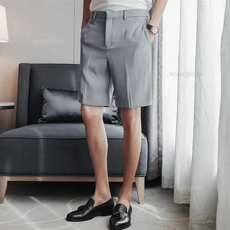 New Summer Thin White Shorts Men\'s Straight Korean Style Fashion Business Solid Color Casual Baggy Suit Shorts Male