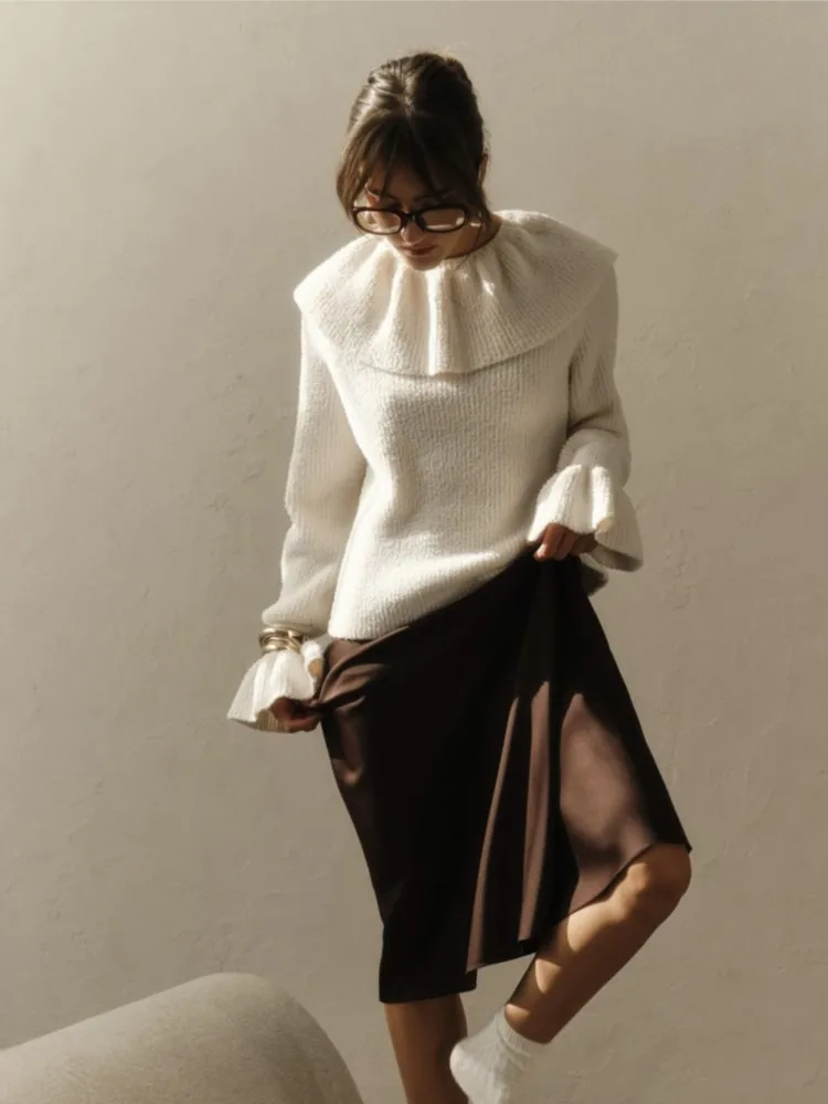 

Свитер с французскими оборками и расклешенными рукавами, женская одежда в иностранном стиле, удобный вязаный свободный пуловер, сплошной цвет