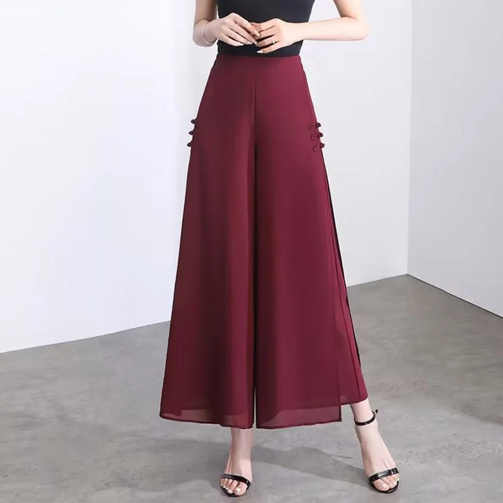 Chiffon Side Slit Trousers Chinese Style Pants Regular Length Trousers Solid Color Design Suitable For Holidays