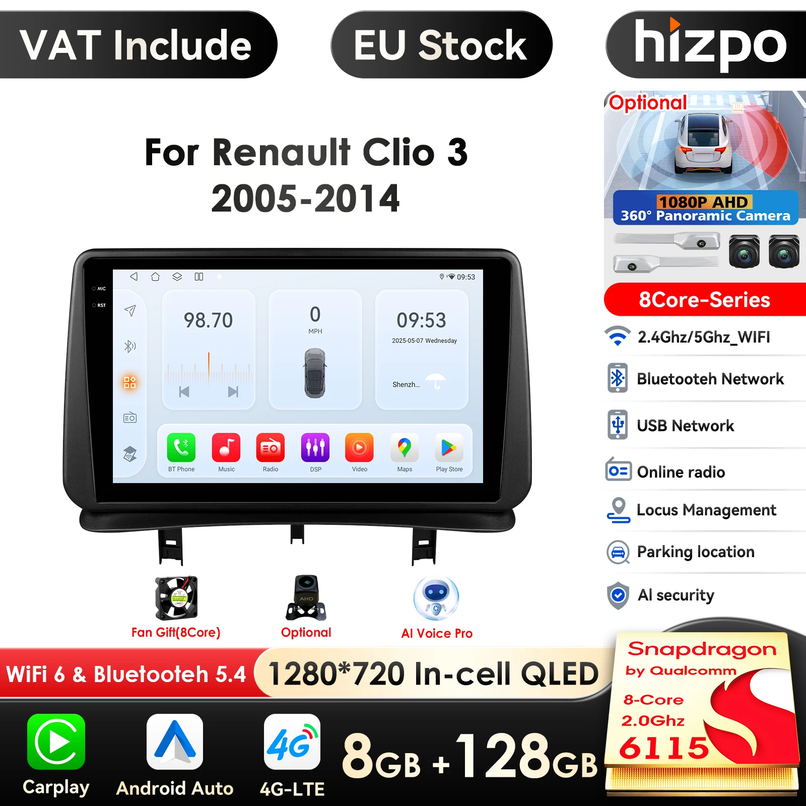 Hizpo 9 ''7862 écran Intelligent Carplay 4G 2Din Android 14 autoradio pour Renault CLIO 3 2005-2014 lecteur vidéo multimédia WIFI